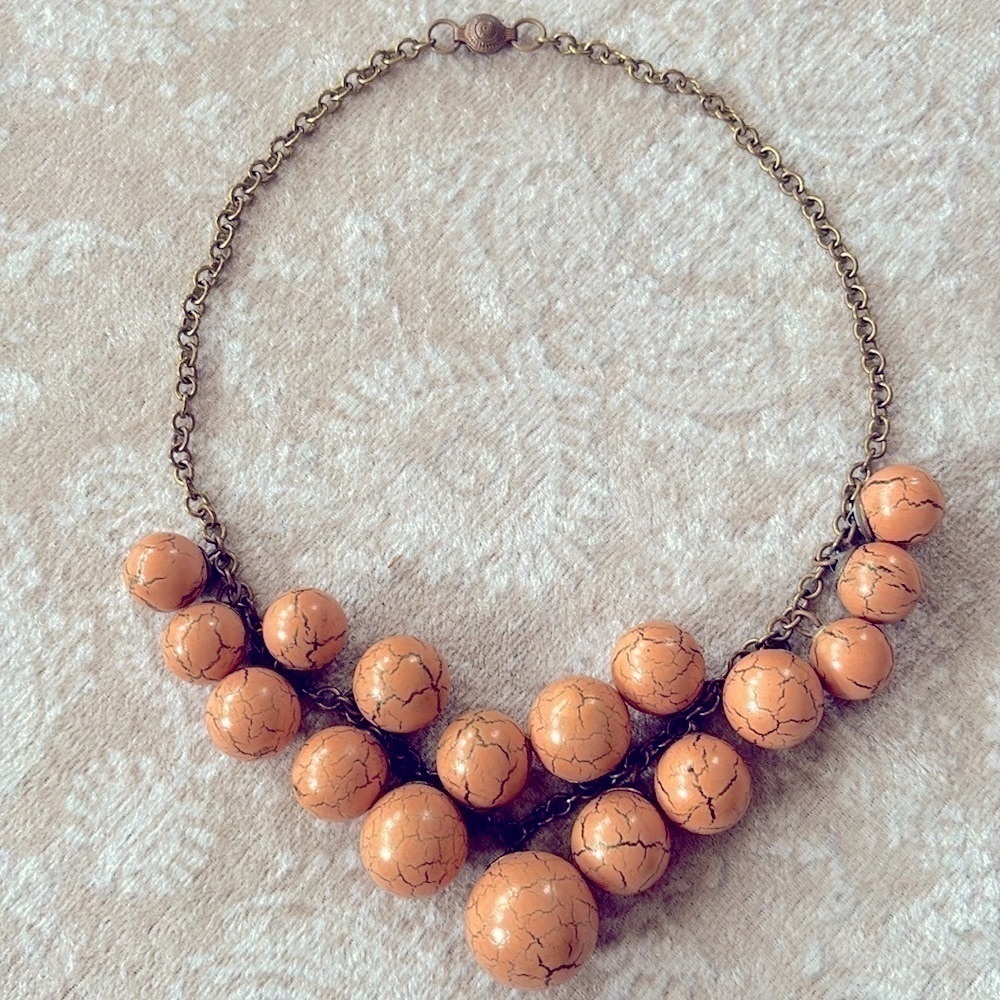 Vintage Peach Orange Antique Brass Chain Crackle Bauble Beaded Necklace